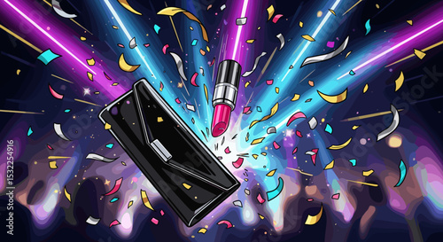 Lipstick and Clutch Bag with Confetti and Light Effects for Fashion Blogs, Beauty Websites, Makeup Artists, Celebration Events, and Social Media Promotion