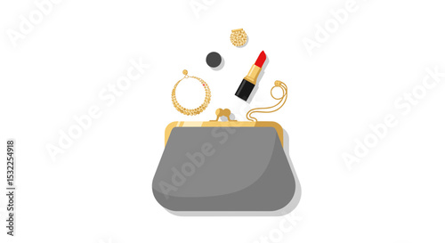 Lipstick and Accessories Inside Gray Clutch for Fashion Blogs, Beauty Websites, Makeup Tutorials, Personal Styling, and Social Media Content
