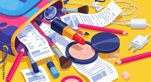 Lipstick and Makeup Items in a Purse with Receipts on Yellow Background for Beauty Blogs, Fashion Websites, Makeup Tutorials, and Social Media Content