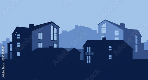 A tranquil suburban neighborhood at dusk, showcasing several houses with illuminated windows against a muted hill backdrop.