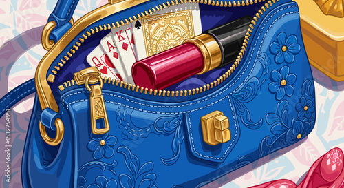 Lipstick and Playing Cards in a Blue Handbag for Fashion Blogs, Beauty Websites, Accessory Designs, and Social Media Content