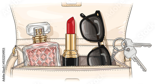 Lipstick, Perfume, Sunglasses, and Keys in Woman's Purse for Fashion Blogs, Beauty Websites, Accessories Guides, and Lifestyle Social Media Content