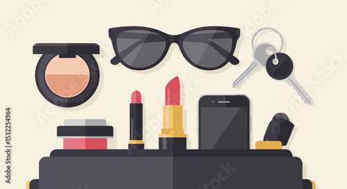 Makeup Essentials Including Lipstick, Sunscreen, and Sunglasses on Neutral Background for Beauty Blogs, Fashion Websites, Lifestyle Content, and Social Media Visuals