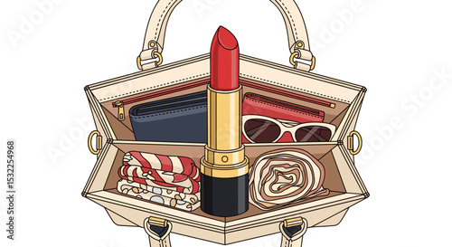 Lipstick in Purse with Accessories on White Background for Fashion Blogs, Beauty Websites, Makeup Tutorials, and Lifestyle Content