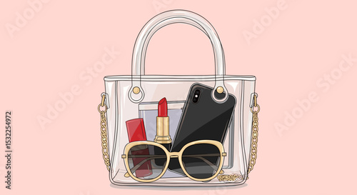 Transparent Handbag with Lipstick, Phone, and Sunglasses for Fashion Blogs, Lifestyle Websites, Beauty Content, and Social Media Marketing