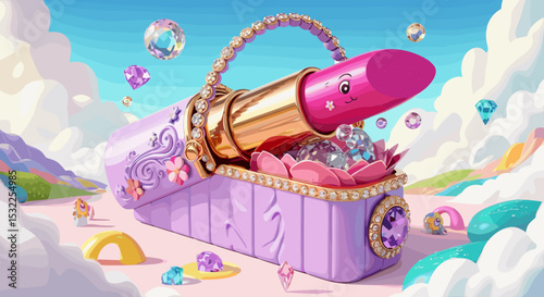 Lipstick in Glamorous Purse with Playful Elements for Beauty Blogs, Fashion Websites, Marketing Materials, and Social Media Promotions