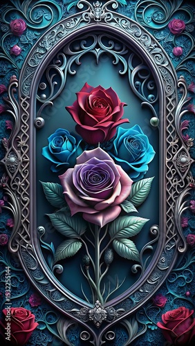 Elegant Roses in Ornate Frame A Floral Fantasy with Rich Colors