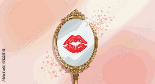 Lipstick Kiss Mark on Mirror with Elegant Frame for Beauty Blogs, Cosmetics Websites, Fashion Content, Self-Care Articles, and Social Media Graphics