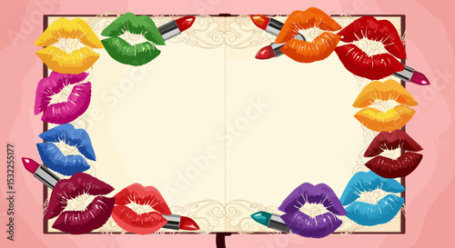 Colorful Lipstick Kiss Marks on Blank Page for Beauty Blogs, Makeup Art, Fashion Design, Creative Projects, and Social Media Content