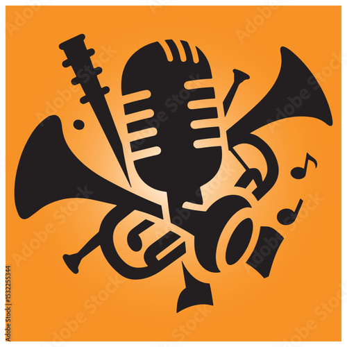 Vector illustration of a musical instrument ensemble featuring a microphone and trumpets
