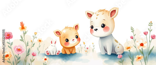 Watercolor style Adorable Cartoon Cats in Nature: Vector Illustration with Trees, Flowers, and Leaves.	