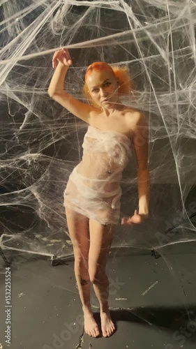Woman wrapped in colorful web displays beauty and creativity in unique art form