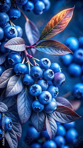 Close up of vibrant blueberries on a branch with colorful leaves
