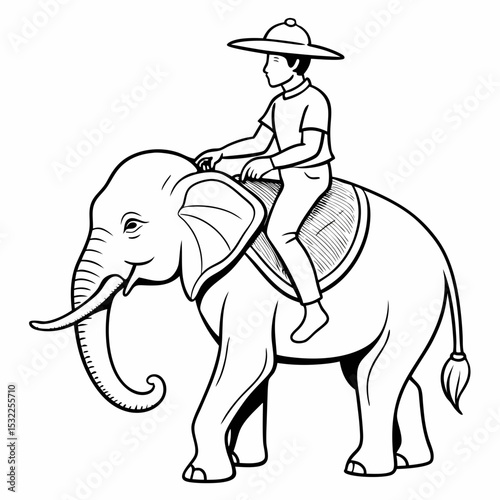 Line Art Illustration of a Man Riding an Elephant