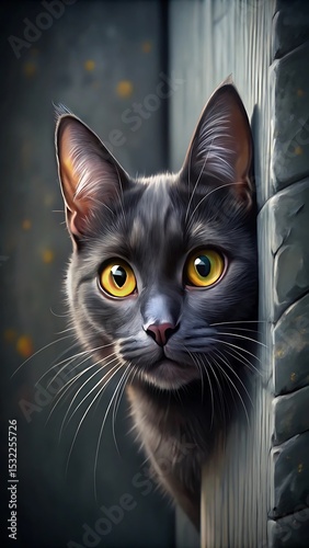 Grey cat with yellow eyes peering from behind a weathered stone wall
