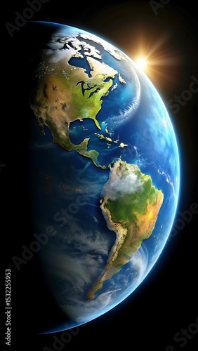 Earth from space showing North and South America with a sunrise