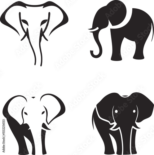 Simple vector illustrations of stylized black and white elephants