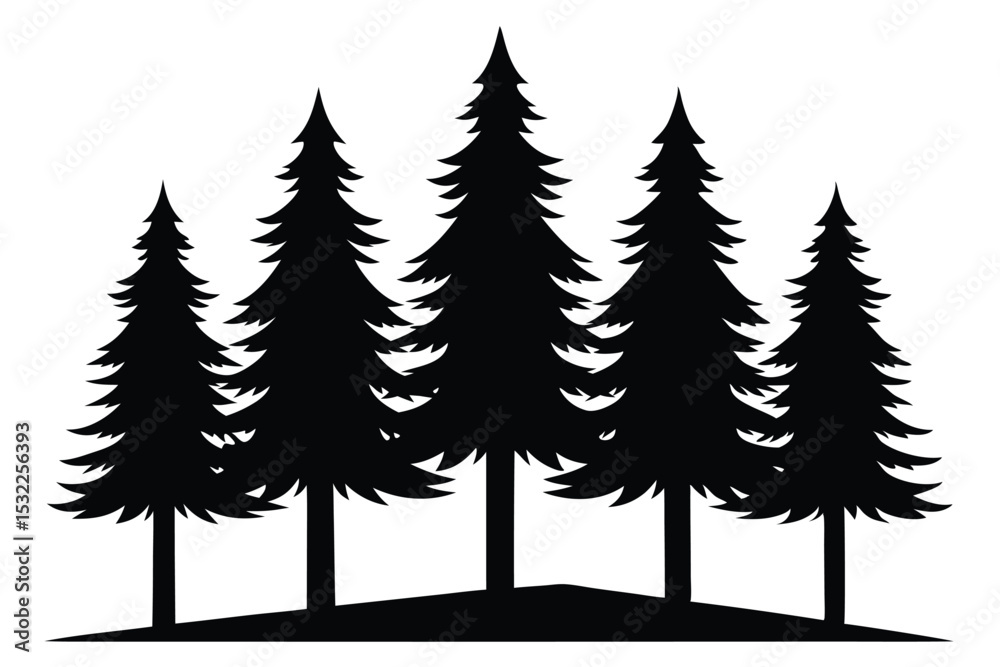 Obraz premium Five silhouetted evergreen trees on a hill
