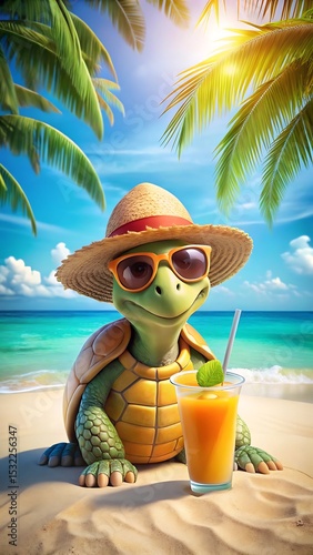 Cartoon Turtle Wearing Sunglasses and Hat Enjoying a Drink on the Beach