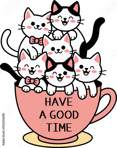 Cute cats in coffee mug Cartoon illustration 