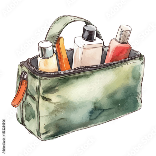 watercolor vector of Toiletry Bag, isolated on a white background.
