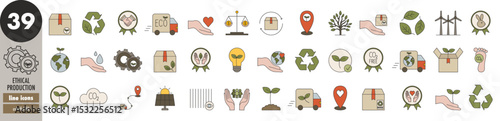 Ethical production and business - thin line icons set with colorful fill. Recycling, cruelty-free, locally sourced, eco delivery, ecology, environmentally friendly, green energy, vector illustration
