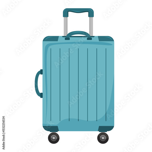 Blue travel suitcase with wheels and handle on white background in flat style.
