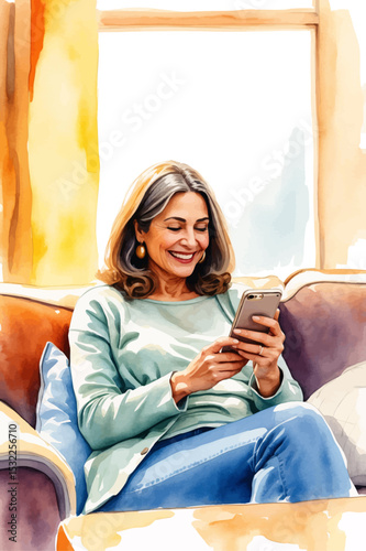 Watercolor-Style Vector Illustration of a Happy Senior Woman Relaxing on Couch Using Smartphone – Chatting, Texting, Social Networking, Browsing Apps, and Online Shopping at Home.

