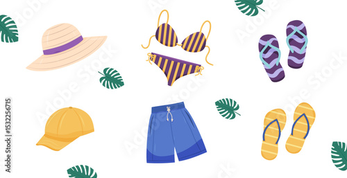 Summer beachwear set with hats, swimwear, and flip-flops on white backdrop.