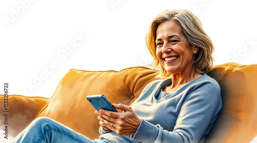 Watercolor-Style Vector Illustration of a Happy Senior Woman Relaxing on Couch Using Smartphone – Chatting, Texting, Social Networking, Browsing Apps, and Online Shopping at Home.
