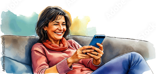 Watercolor-Style Vector Illustration of a Happy Senior Woman Relaxing on Couch Using Smartphone – Chatting, Texting, Social Networking, Browsing Apps, and Online Shopping at Home.
