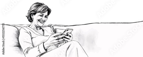 Watercolor-Style Vector Illustration of a Happy Senior Woman Relaxing on Couch Using Smartphone – Chatting, Texting, Social Networking, Browsing Apps, and Online Shopping at Home.
