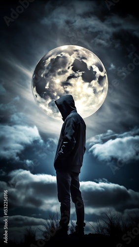 Hooded Figure Contemplating the Moon in a Dramatic Night Sky Scene