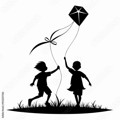 Silhouette of Two Children Joyfully Flying a Kite in a Field