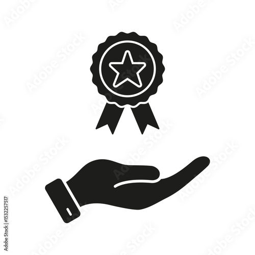Hand Holding Award Ribbon Solid Icon. Recognition, Achievement, And Excellence Silhouette Symbol. Reward And Success Representation. Isolated Vector Illustration