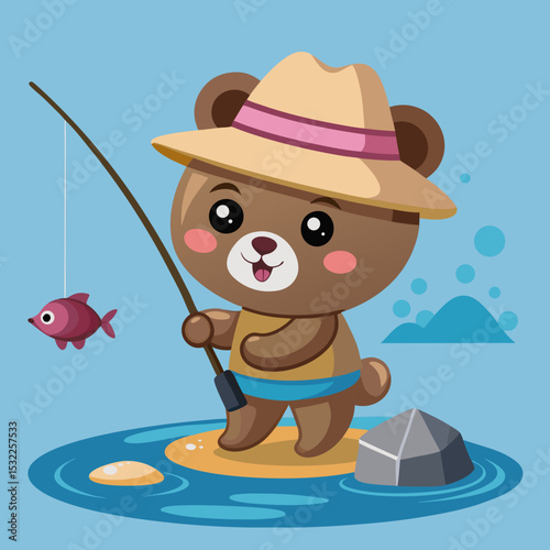 Adorable Brown Bear Cub Fishing in a Summer Lake