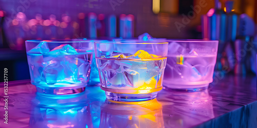 Glowing Glasses on a Modern Bar Counter


