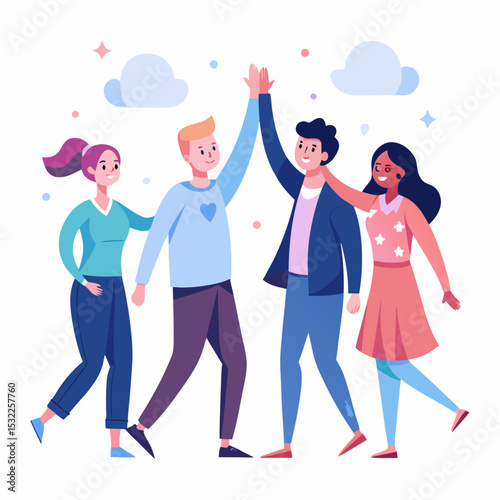 Diverse Group of Happy Friends Giving High Five Teamwork Collaboration