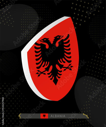Albania Flag Shield icon in 3D on Dark Modern Abstract Rugby Background.