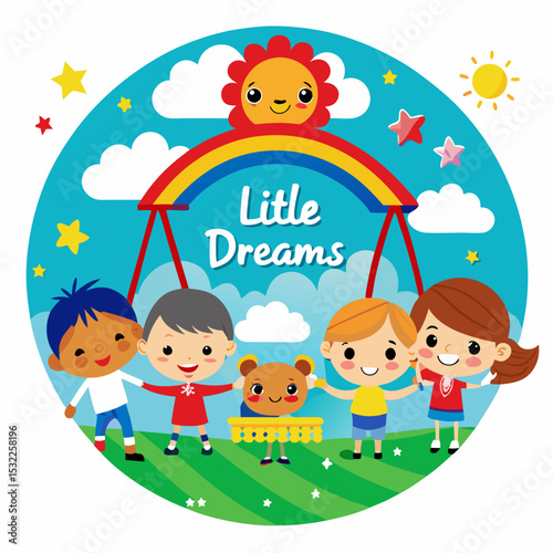 Happy Diverse Children Holding Hands Under Rainbow with Teddy Bear