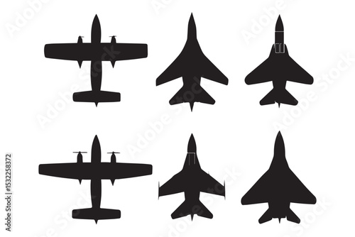 Silhouettes of military aircraft showing different jet and propeller designs for AdobeStock submission