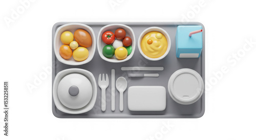 3D Render: Colorful Meal Tray - Airplane Food, Healthy Eating Concept