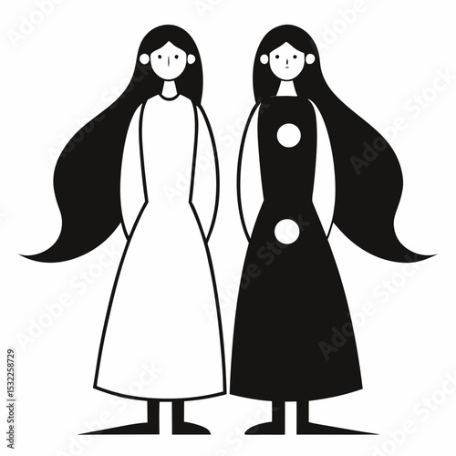 Two Women with Long Hair in Black and White Dresses