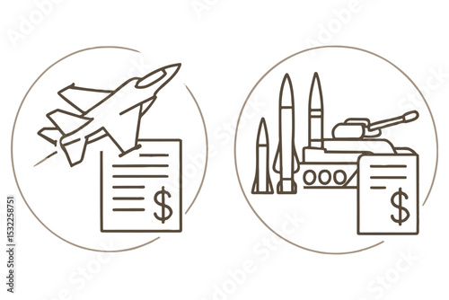 Military aircraft and weapons finance illustration in minimal line art style