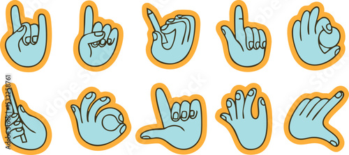 Funny blue handset with cartoon hand gesture stickers and hand signal vector clipart
