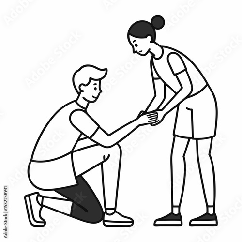 Man kneeling offering helping hand to woman line art illustration