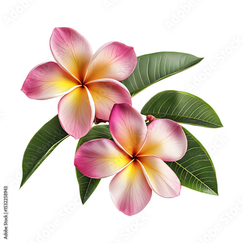 Plumeria Flowers CloseUp of Pink and Yellow Blooms with Lush Green Leaves On Transparent Background