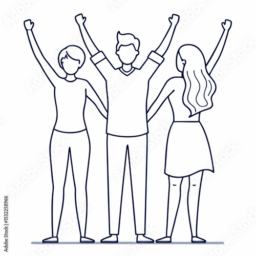 Three Friends Celebrating Success Together Arms Raised High