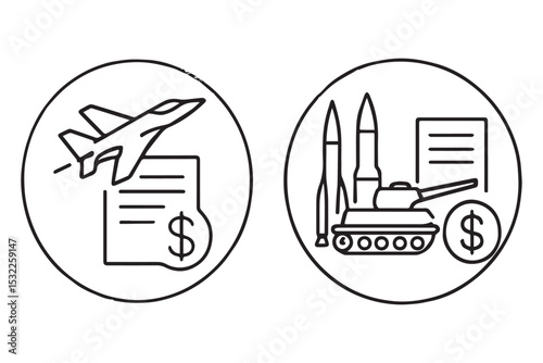 Line art of military aircraft and tanks with finance icons for AdobeStock