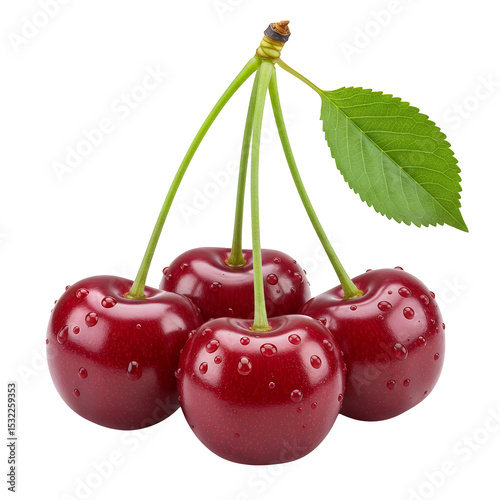 Fresh Cherries with Water Droplets and Leaf